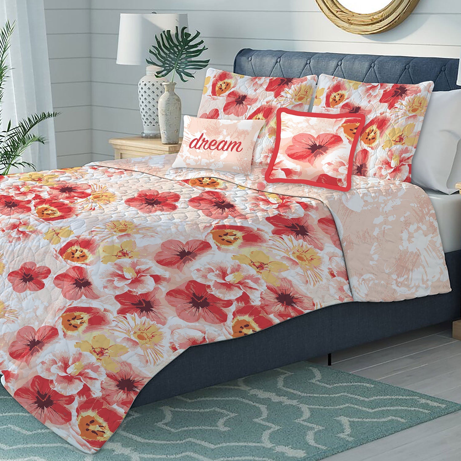 Antonia Oversized 5-Piece Floral Reversible Quilt Set, Orange