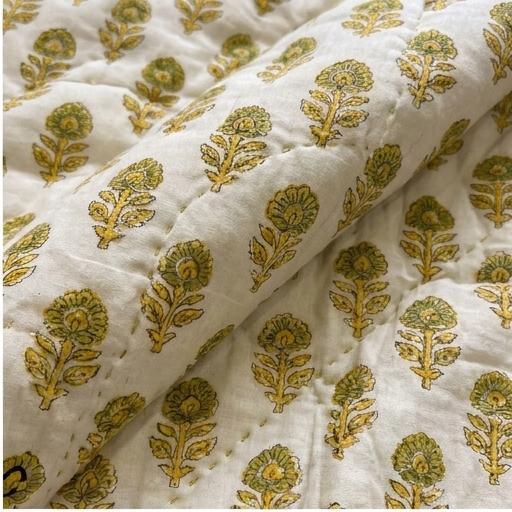 Cream & Mustard Yellow Floral Jaipur Indian Hand Block Print Quilted Comforter