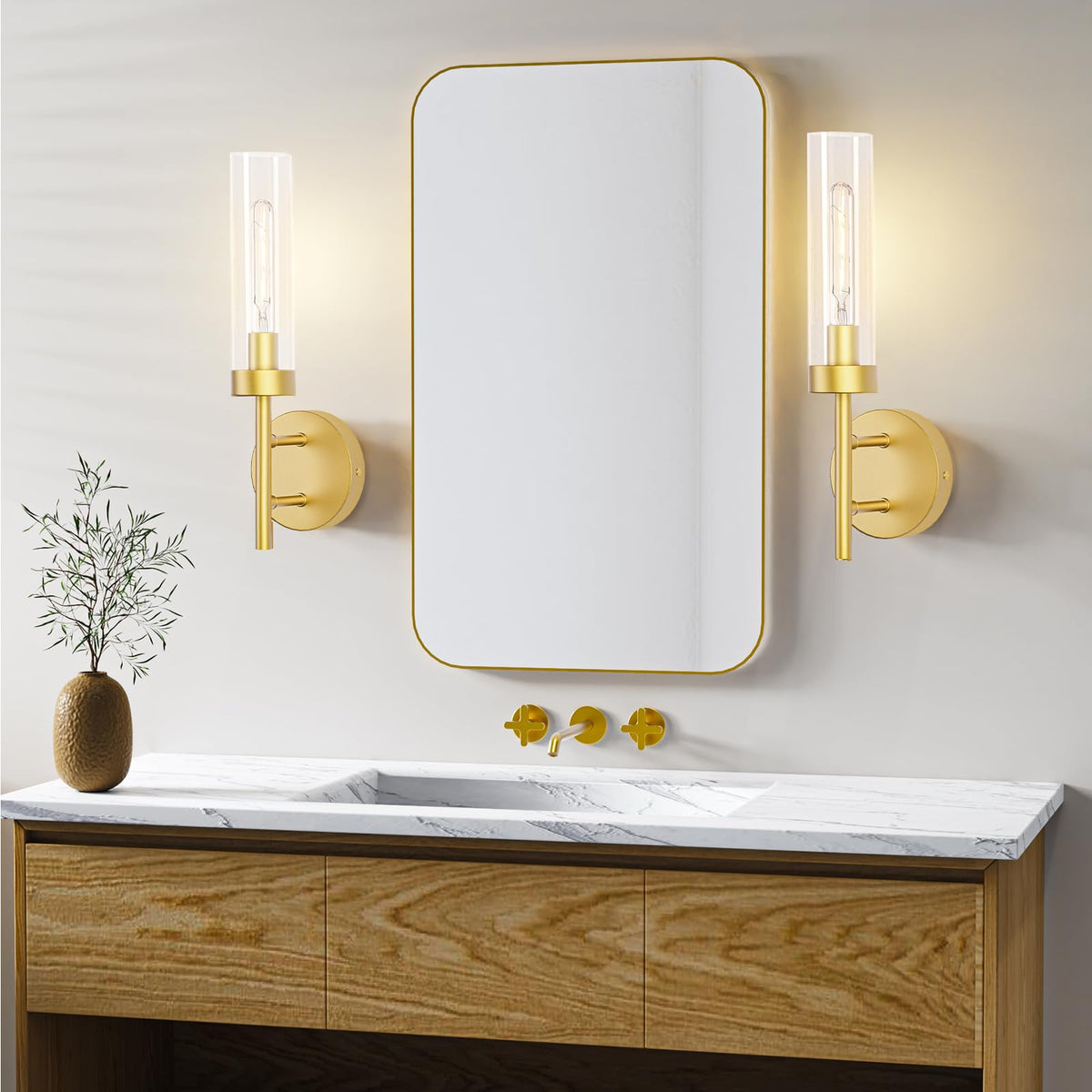Gold Hardwired Wall Sconces Set of 2, Modern Bathroom Vanity Sconces Wall Lighting