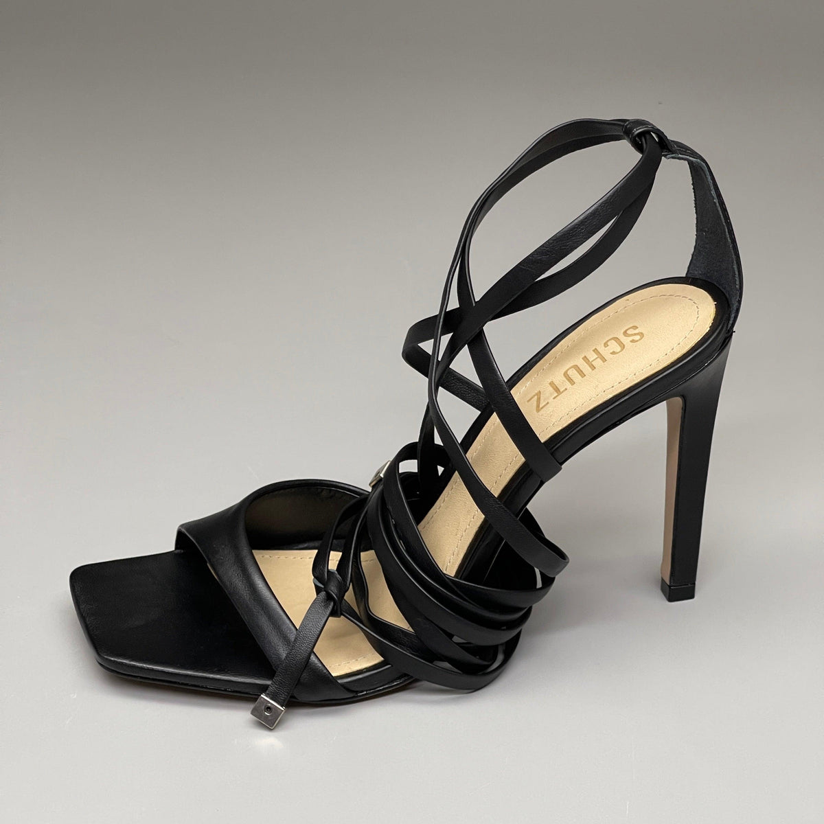 SCHUTZ Bryce Ankle Tie Women's Leather High Heel Strappy Sandal Black Sz 7B (New)