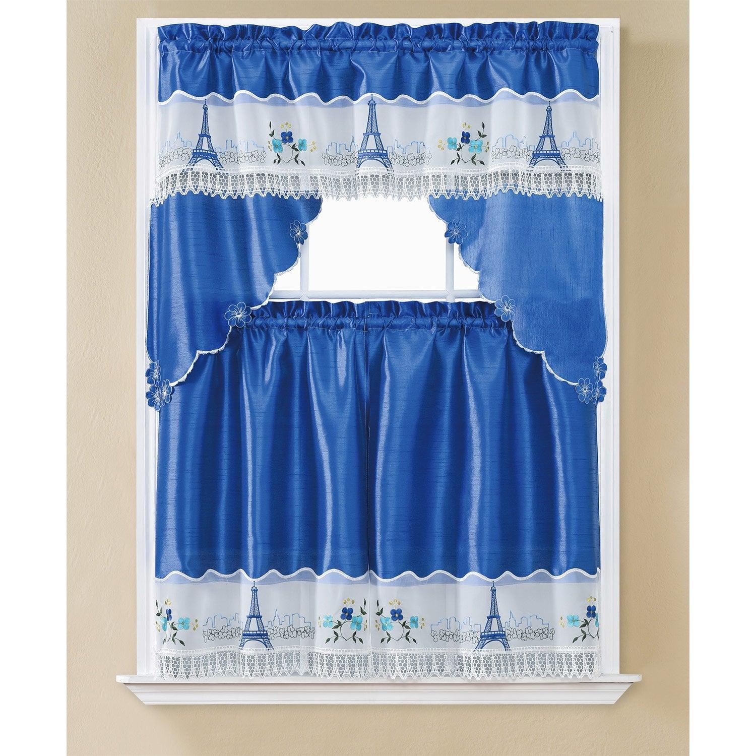 Esty Paris embroidered Kitchen Curtain Set, Blue, Swag 60x36, 30x36 Inches