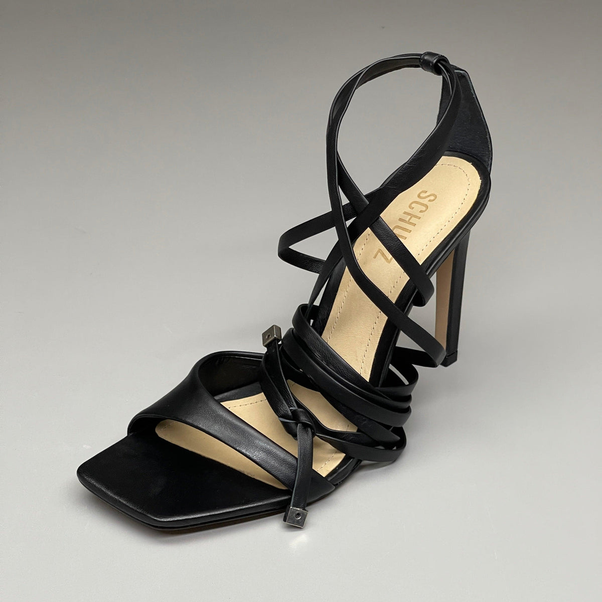 SCHUTZ Bryce Ankle Tie Women's Leather High Heel Strappy Sandal Black Sz 6.5B (New)