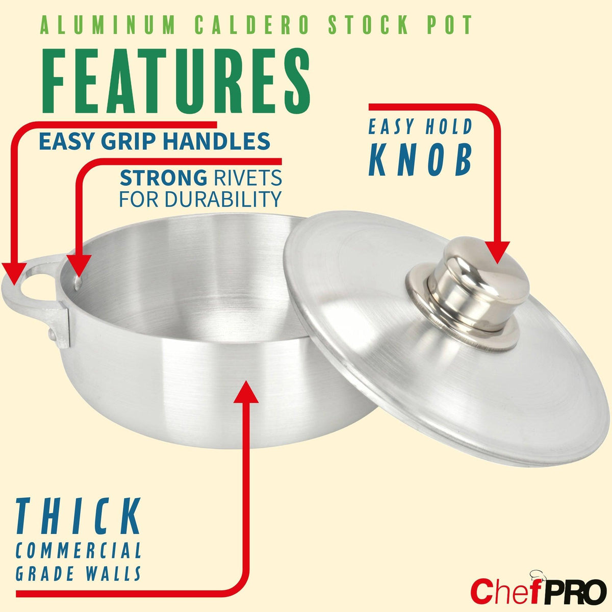 Chef Pro Commercial Grade Aluminum Caldero Stock Pot, Silver, 3.8 Quarts