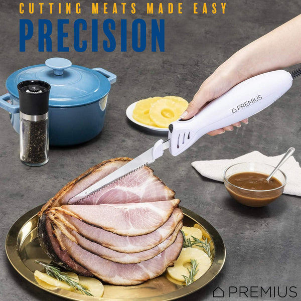 PREMIUS Serrated Carving Electric Knife Set With Wooden Storage Tray, with 2 Stainless Steel Blades