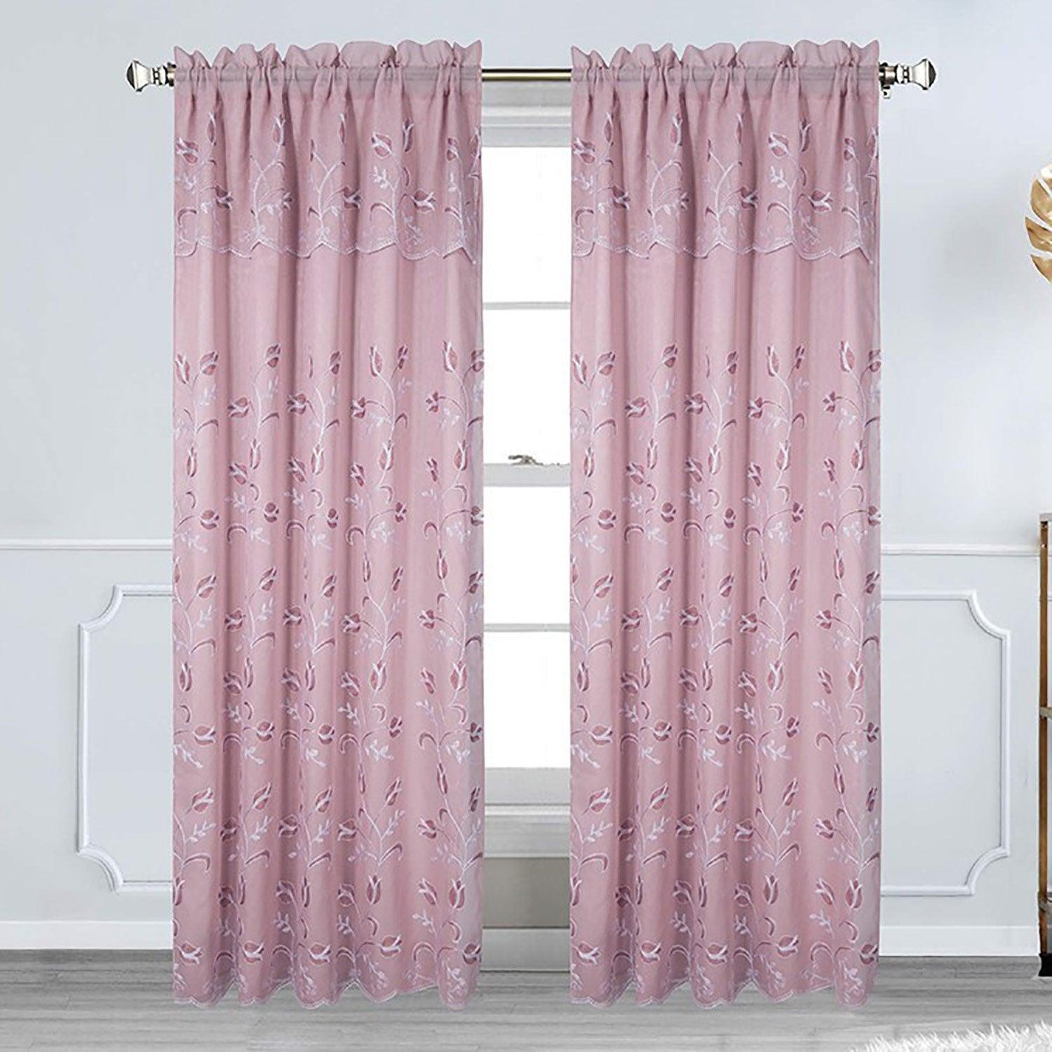Cecilia Floral Embroidery Window Panel With Valance and Backing, 54x84 Inches