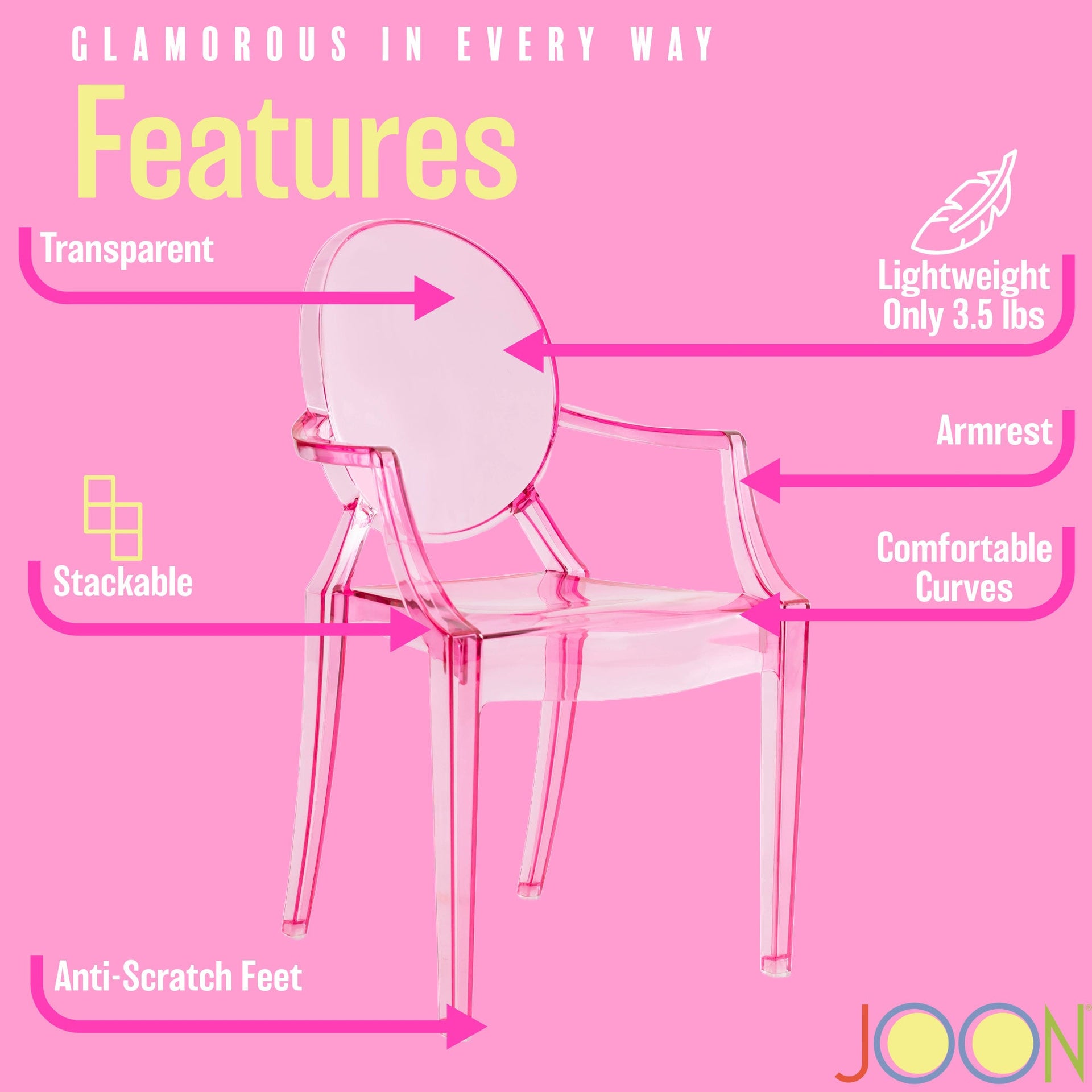 JOON 2 Pack Kids Ghost Chairs with Armrest, 25x13x14.5 Inches, Transparent