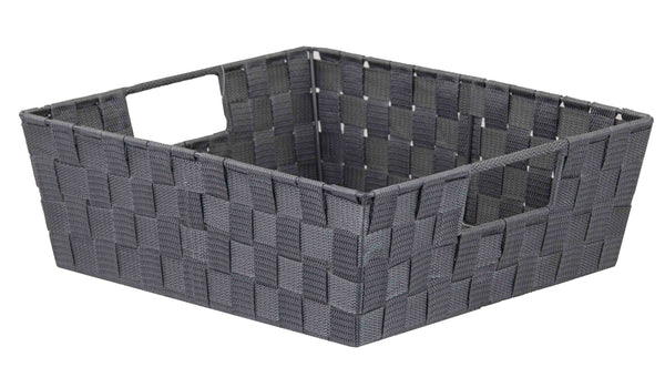Home Basics Polyester Woven Strap Storage Basket Tray, Gray, Large, 15x13x5 Inches