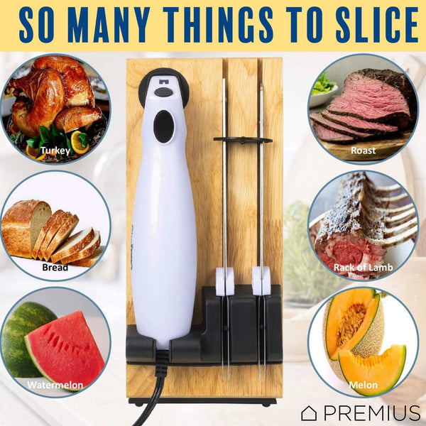 PREMIUS Serrated Carving Electric Knife Set With Wooden Storage Tray, with 2 Stainless Steel Blades