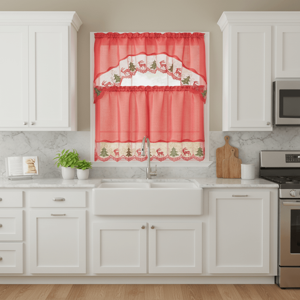 Jovie Christmas Tree Kitchen Curtain Set with Fringes, Red, Swag Valance 60x36, Tiers 30x36 Inches