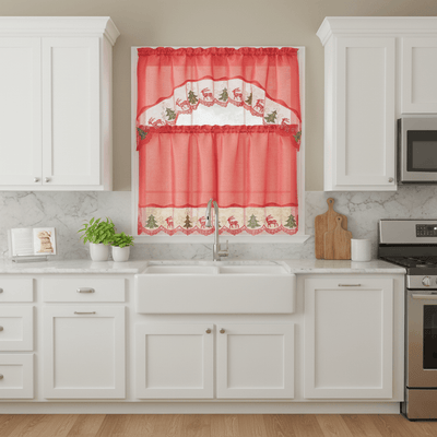 Jovie Christmas Tree Kitchen Curtain Set with Fringes, Red, Swag Valance 60x36, Tiers 30x36 Inches