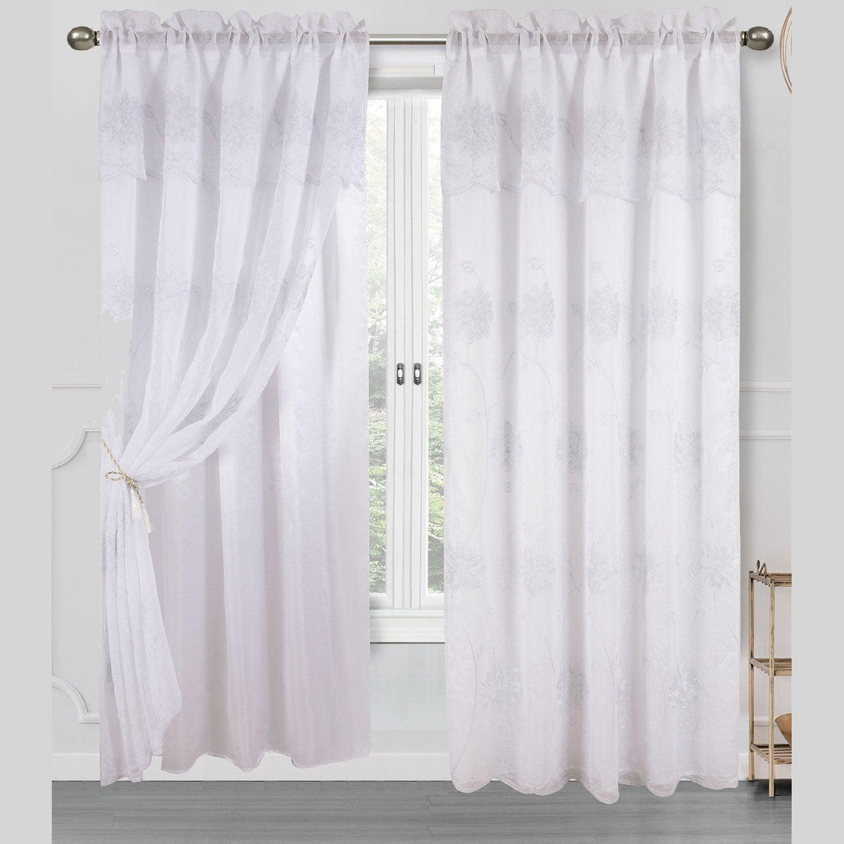Alice Floral Embroidered Panel With Valance and Backing, 55x84 Inches