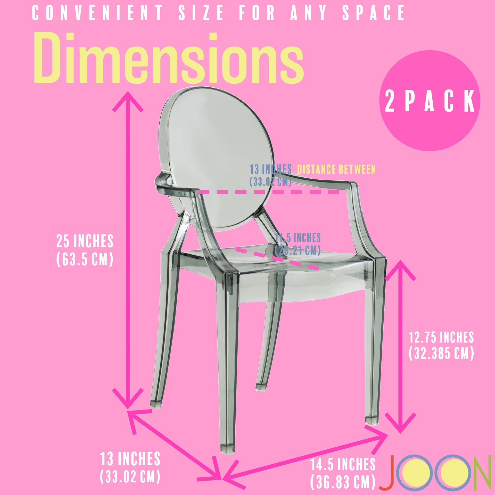 JOON 2 Pack Kids Ghost Chairs with Armrest, 25x13x14.5 Inches, Transparent