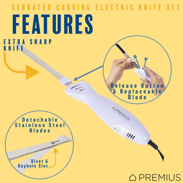 PREMIUS Serrated Carving Electric Knife Set With Wooden Storage Tray, with 2 Stainless Steel Blades