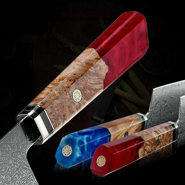Imperium VG10 Damascus Chef's Knife with Exotic Olive Wood Handle & Sheath - Gifts for You 'n Me