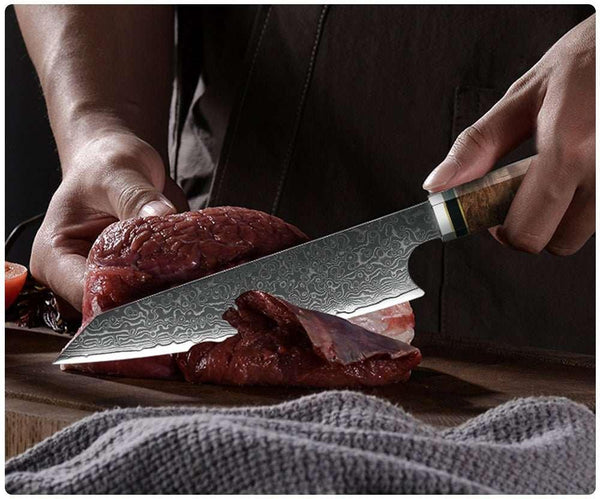 Imperium VG10 Damascus Chef's Knife with Exotic Olive Wood Handle & Sheath - Gifts for You 'n Me