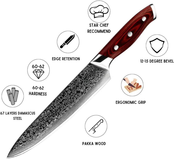 Kitchen Edge VG10 Damascus Chef Knife with Pakkawood handle - Gifts for You 'n Me