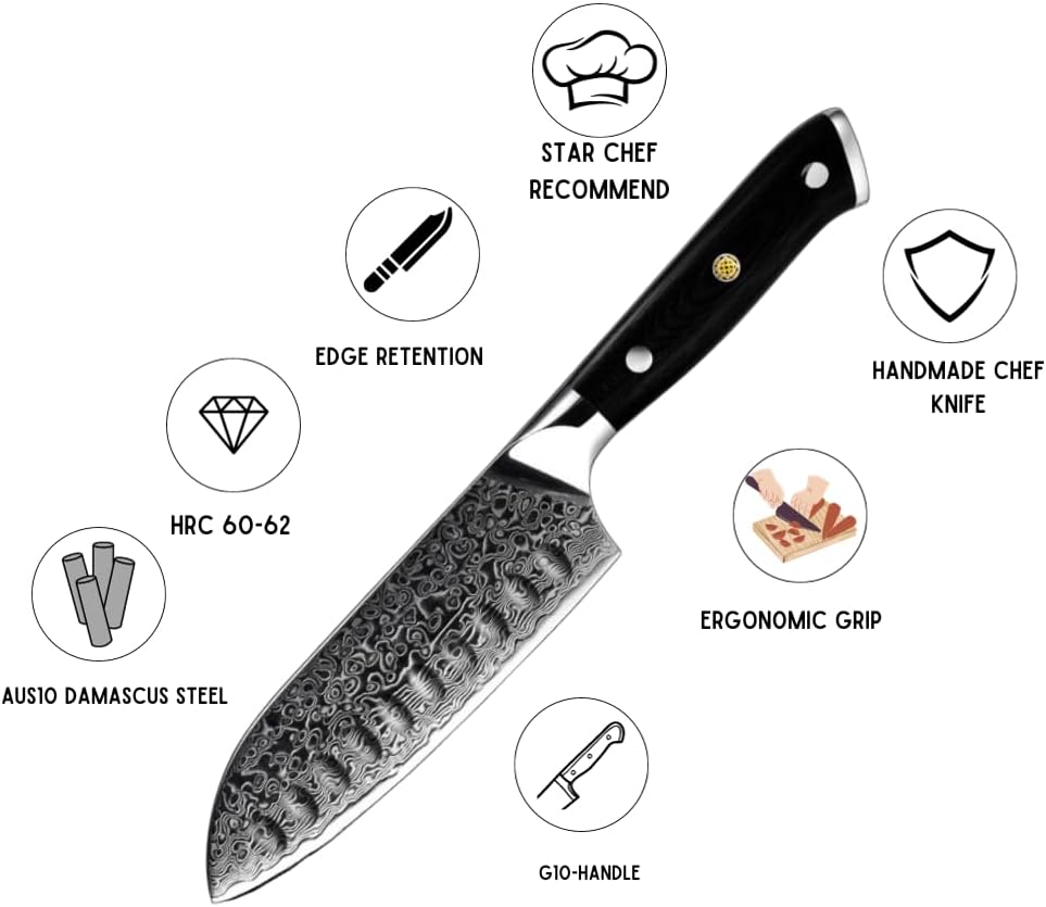 Kitchen Edge VG10 Damascus Chef knife Santoku Knife with G10 Handle