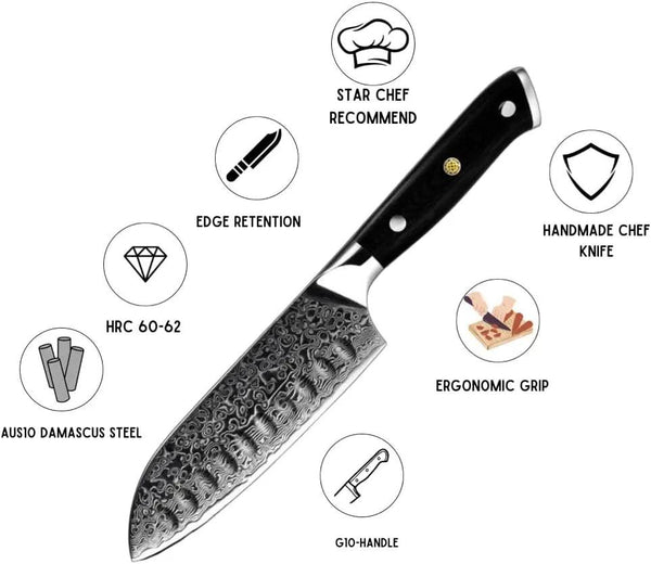 Kitchen Edge VG10 Damascus Chef knife Santoku Knife with G10 Handle - Gifts for You 'n Me