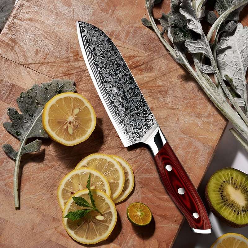 Kitchen Edge VG10 Damascus Chef Knife Santoku Knife with Pakkawood Handle
