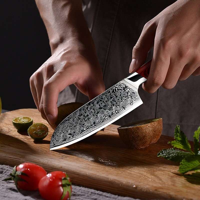 Kitchen Edge VG10 Damascus Chef Knife Santoku Knife with Pakkawood Handle