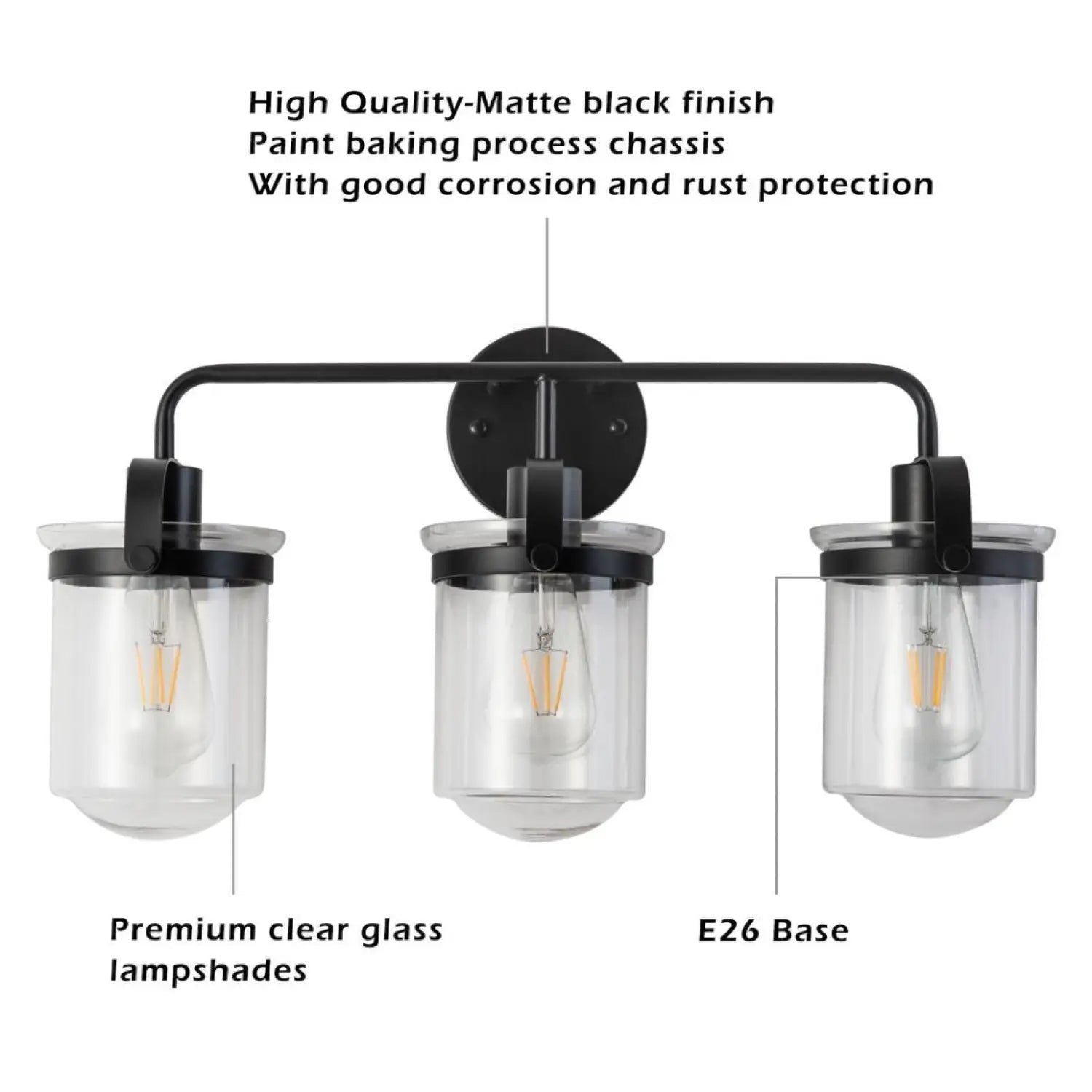Indoor Wall Lights in Modern Black Finish with Glass Shade and E26 Base