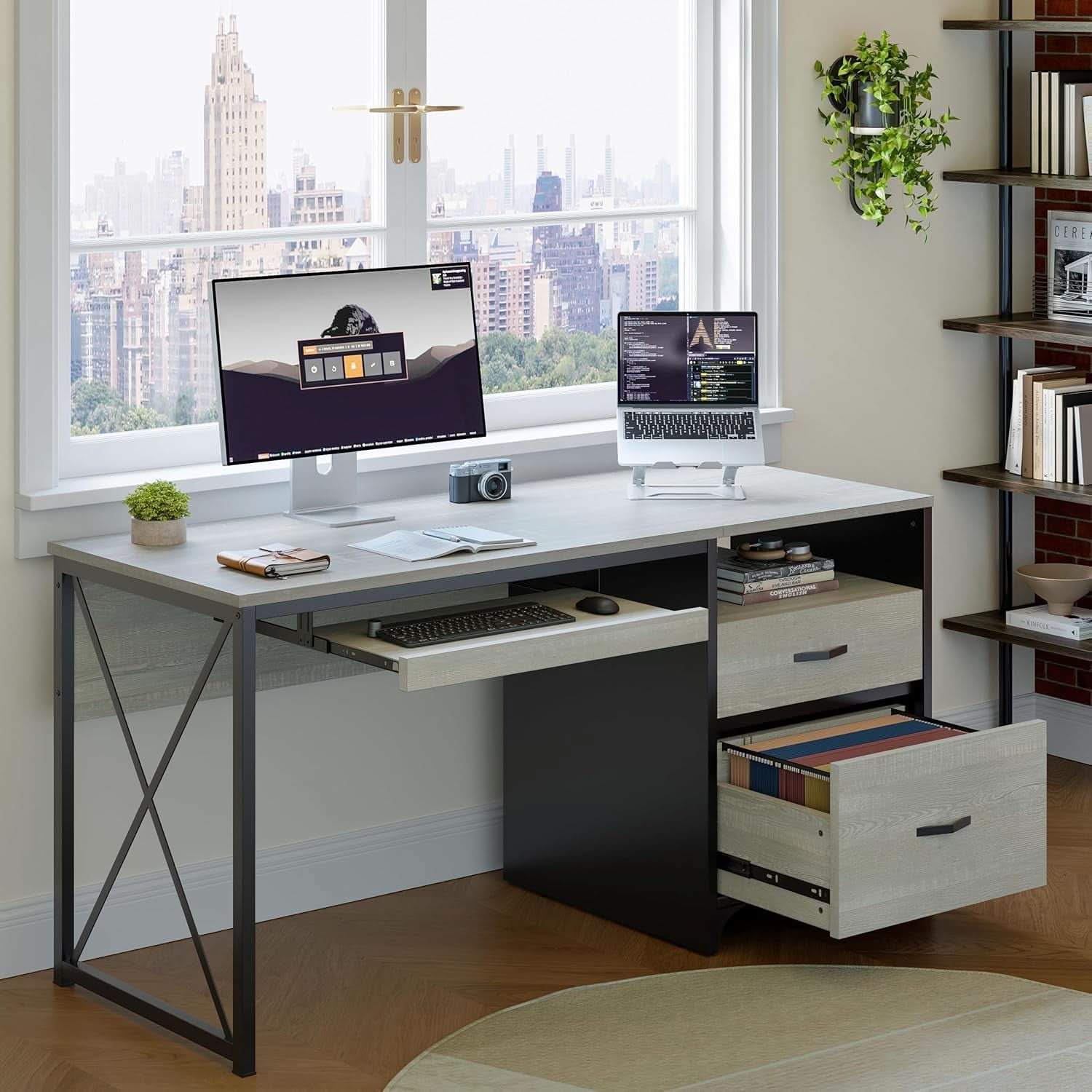 Industrial Office Desk with Storage Drawers and Keyboard Tray