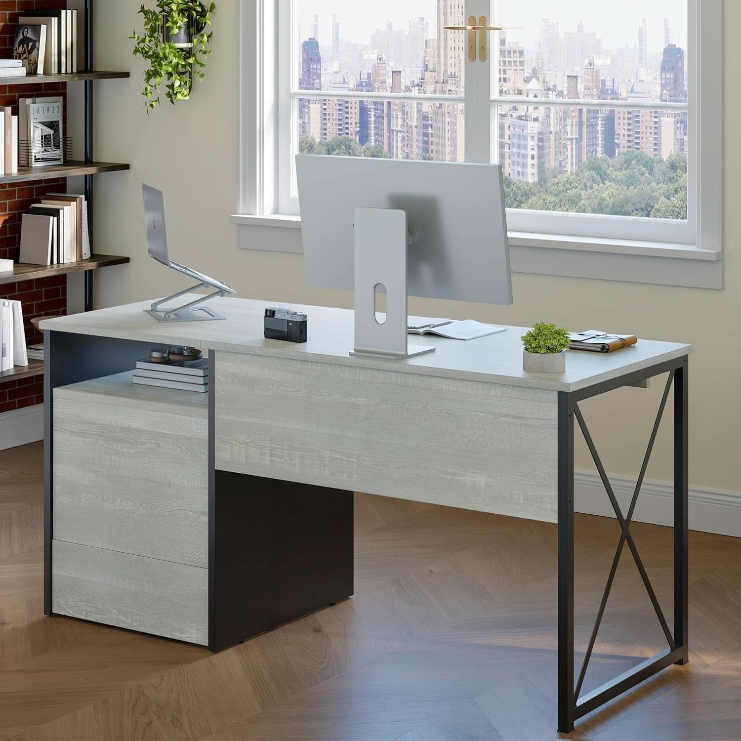 Industrial Office Desk with Storage Drawers and Keyboard Tray