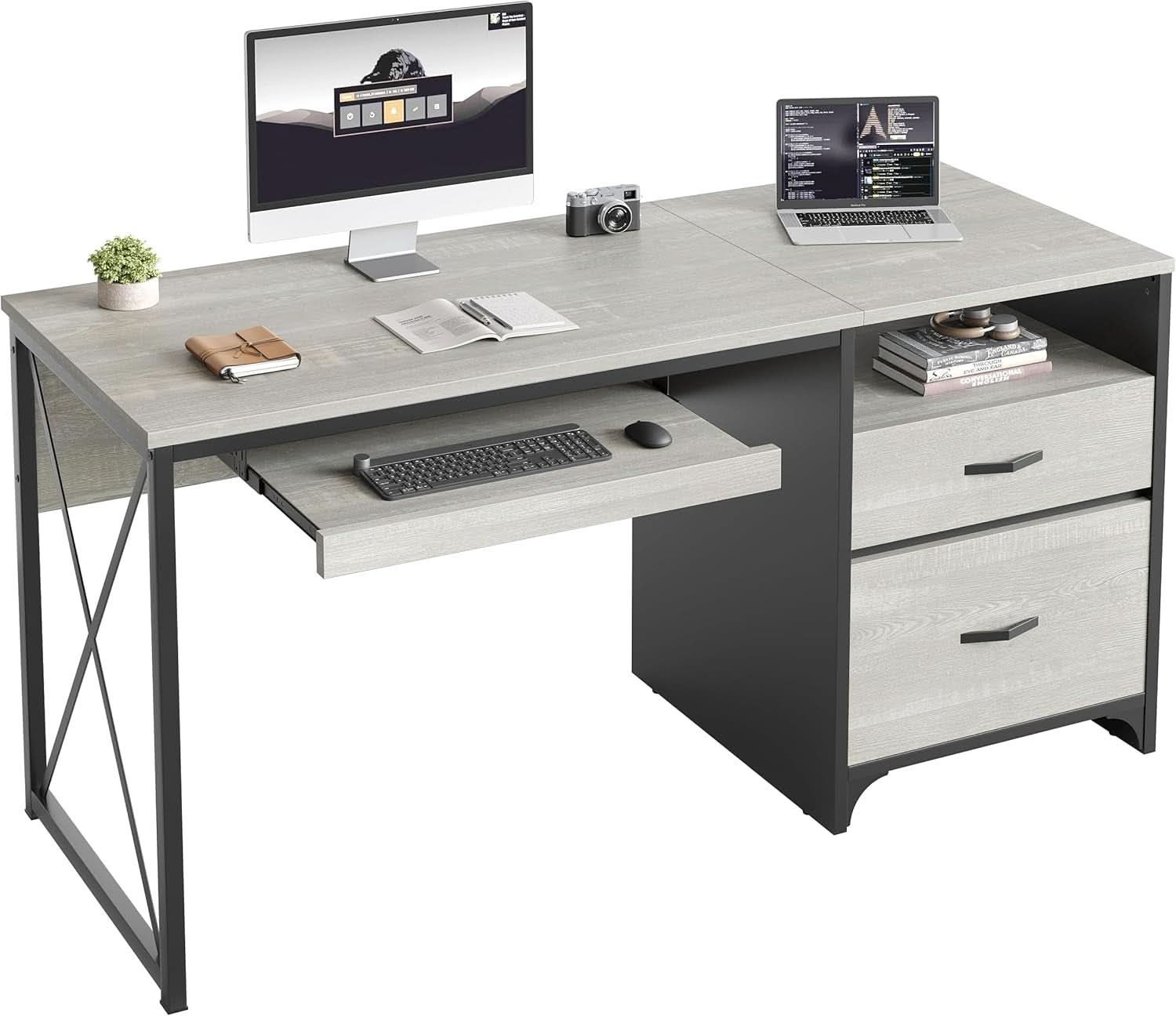 Industrial Office Desk with Storage Drawers and Keyboard Tray