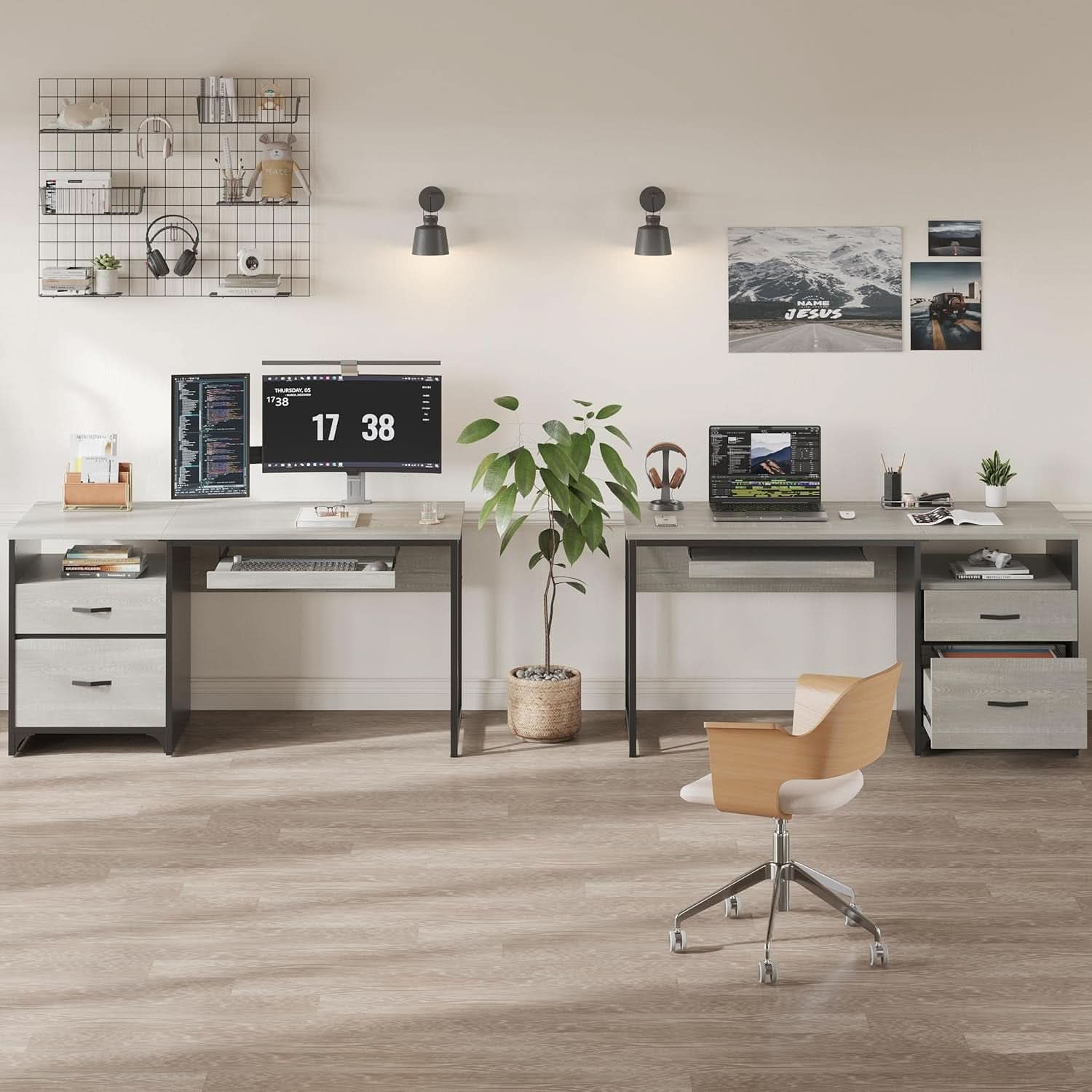 Industrial Office Desk with Storage Drawers and Keyboard Tray