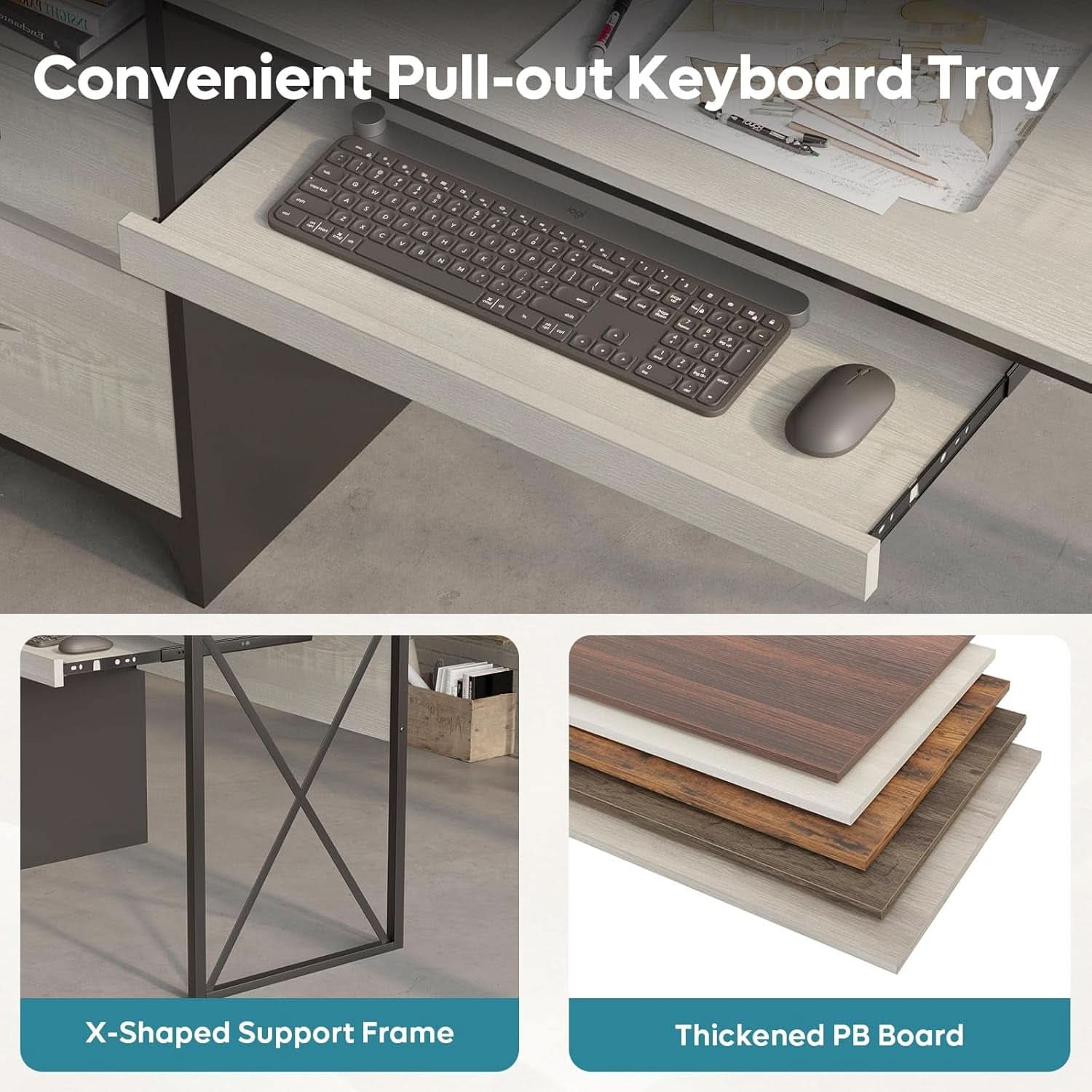 Industrial Office Desk with Storage Drawers and Keyboard Tray