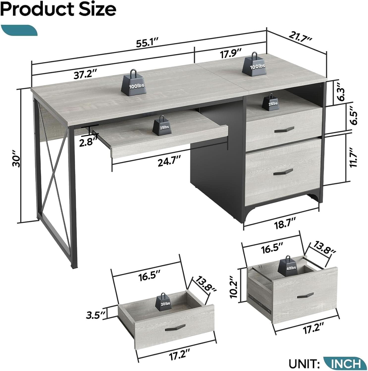 Industrial Office Desk with Storage Drawers and Keyboard Tray