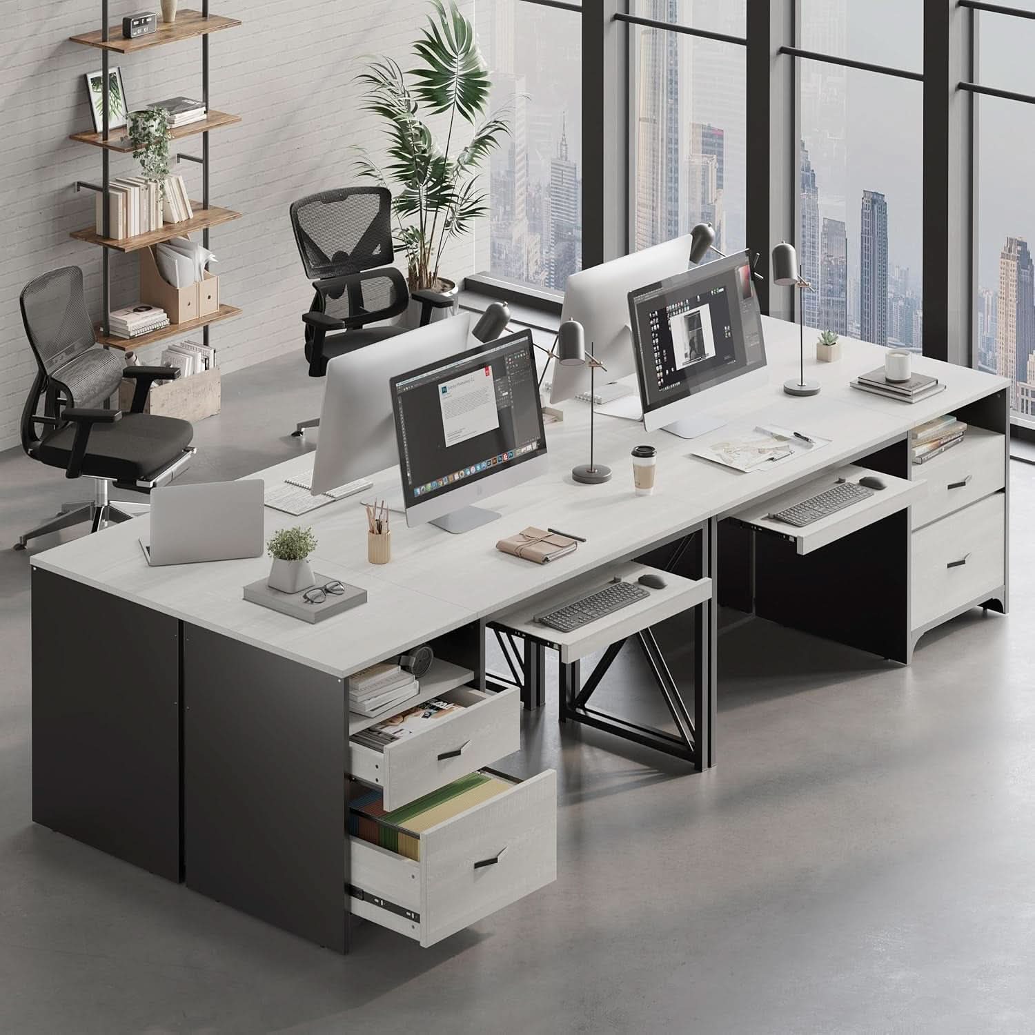 Industrial Office Desk with Storage Drawers and Keyboard Tray