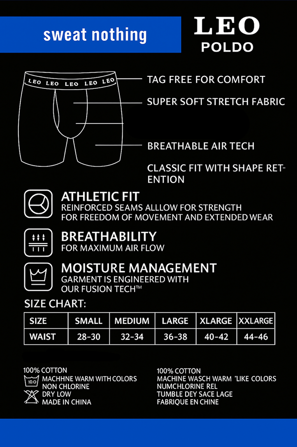 3-Pack LEO Poldo Men’s Performance Boxer Briefs – Breathable 100% Cotton Stretch Boxer Briefs with Comfort Waistband – Black, Gray, Navy