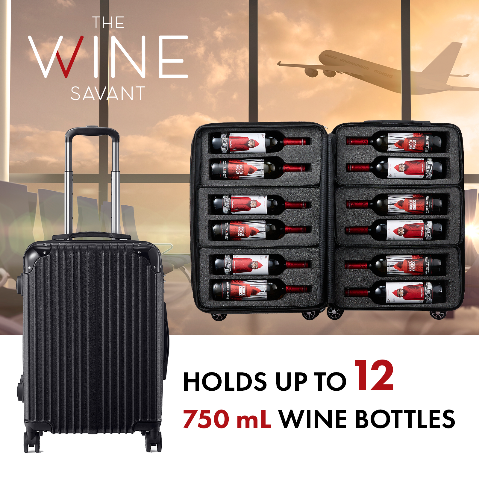 Wine Suitcase for Airplanes 12 Bottle, With Wine Carrier Cases Bags, Black Luggage Carrier with TSA Approved Lock and Removable Inserts to Carry Wine Liquor Alcohol During Travel, Gift For Wine Lovers