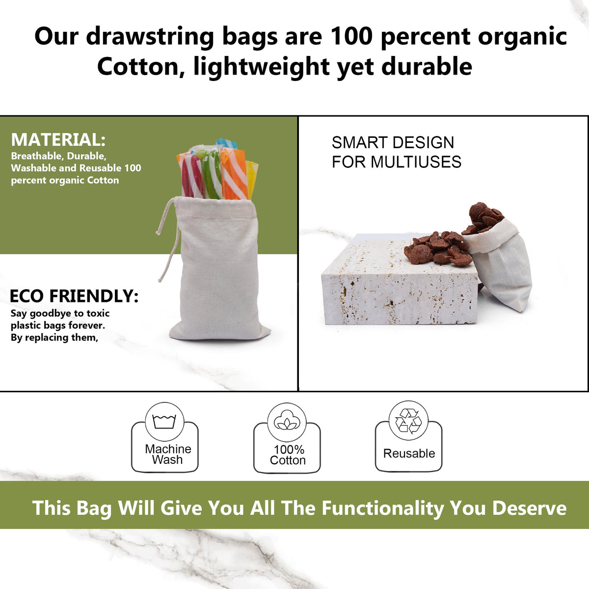 12x18 Inches Reusable Eco-Friendly Cotton Single Drawstring Bags Natural Color
