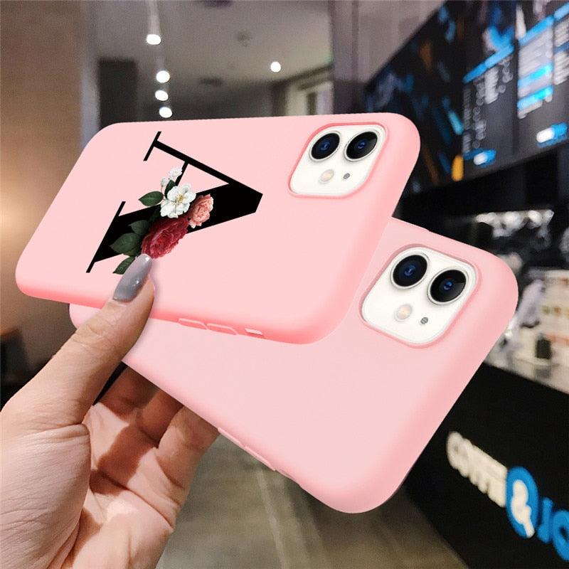 Initial Letter Silicon Phone Case For Iphone  12 Pro Max Retro Pink Flower Soft Back Cover Compatible With Iphone Case Soft Touch Cute Pink Silicone Back Cover For Iphone