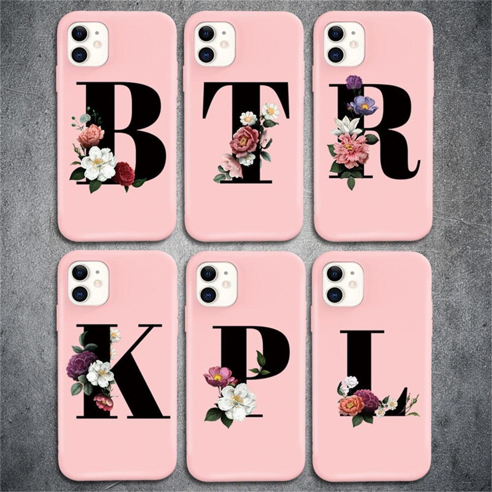 Initial Letter Silicon Phone Case For Iphone  12 Pro Max Retro Pink Flower Soft Back Cover Compatible With Iphone Case Soft Touch Cute Pink Silicone Back Cover For Iphone