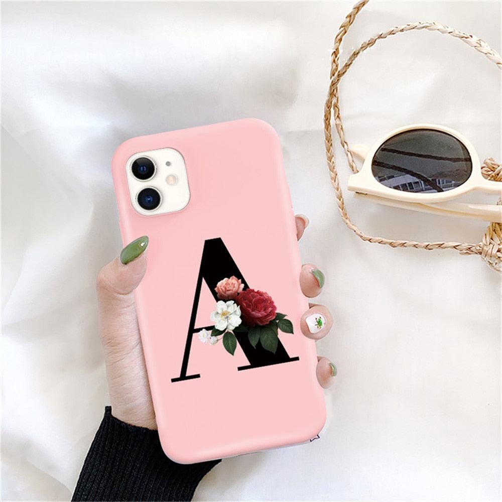Initial Letter Silicon Phone Case For Iphone  12 Pro Max Retro Pink Flower Soft Back Cover Compatible With Iphone Case Soft Touch Cute Pink Silicone Back Cover For Iphone