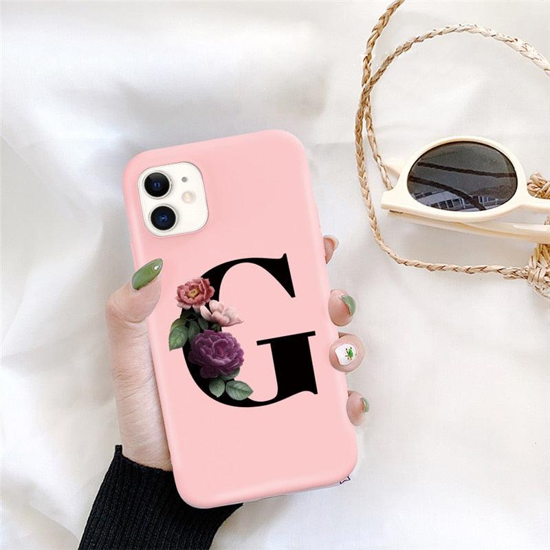 Initial Letter Silicon Phone Case For Iphone  12 Pro Max Retro Pink Flower Soft Back Cover Compatible With Iphone Case Soft Touch Cute Pink Silicone Back Cover For Iphone