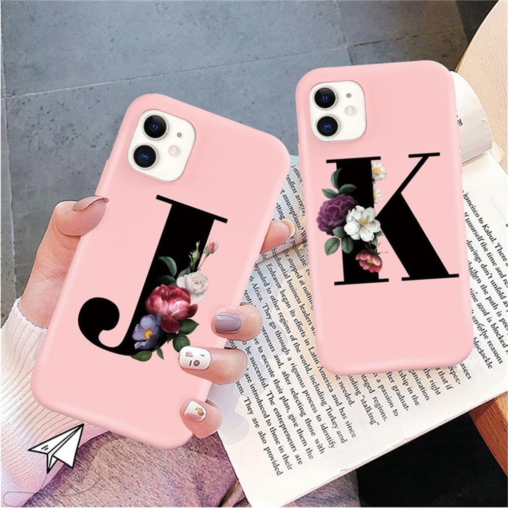 Initial Letter Silicon Phone Case For Iphone  12 Pro Max Retro Pink Flower Soft Back Cover Compatible With Iphone Case Soft Touch Cute Pink Silicone Back Cover For Iphone