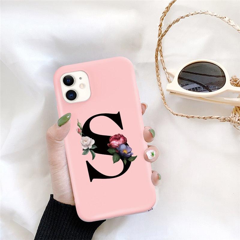 Initial Letter Silicon Phone Case For Iphone  12 Pro Max Retro Pink Flower Soft Back Cover Compatible With Iphone Case Soft Touch Cute Pink Silicone Back Cover For Iphone