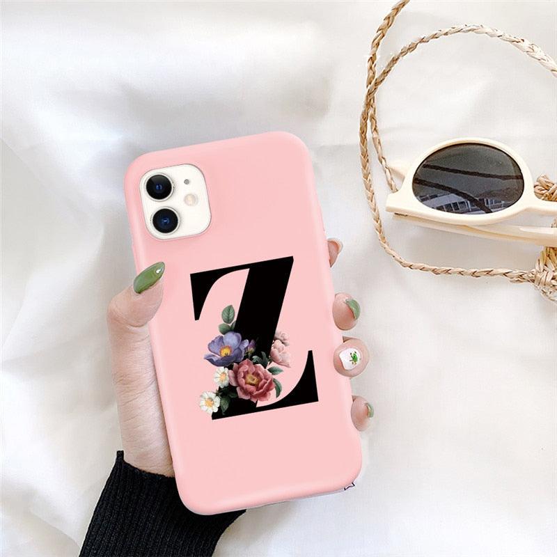 Initial Letter Silicon Phone Case For Iphone  12 Pro Max Retro Pink Flower Soft Back Cover Compatible With Iphone Case Soft Touch Cute Pink Silicone Back Cover For Iphone