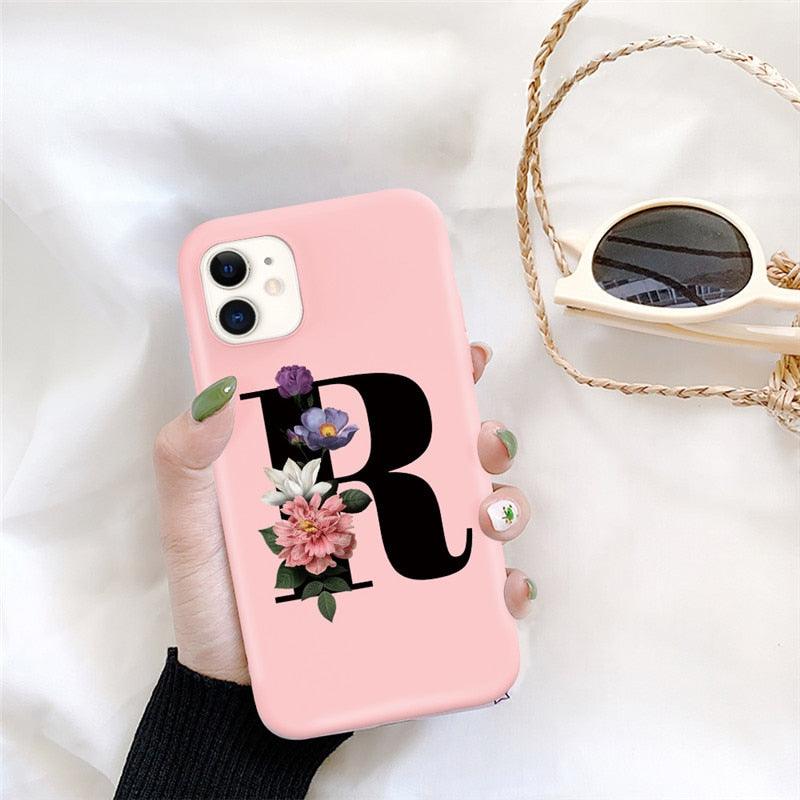 Initial Letter Silicon Phone Case For Iphone  12 Pro Max Retro Pink Flower Soft Back Cover Compatible With Iphone Case Soft Touch Cute Pink Silicone Back Cover For Iphone