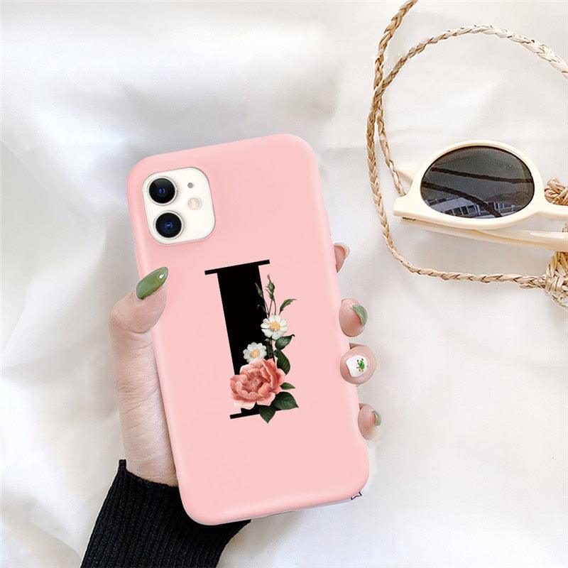 Initial Letter Silicon Phone Case For Iphone  12 Pro Max Retro Pink Flower Soft Back Cover Compatible With Iphone Case Soft Touch Cute Pink Silicone Back Cover For Iphone