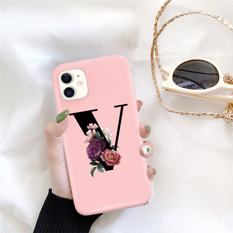 Initial Letter Silicon Phone Case For Iphone  12 Pro Max Retro Pink Flower Soft Back Cover Compatible With Iphone Case Soft Touch Cute Pink Silicone Back Cover For Iphone