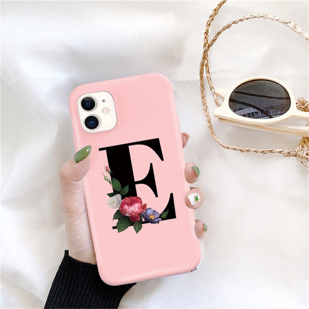 Initial Letter Silicon Phone Case For Iphone  12 Pro Max Retro Pink Flower Soft Back Cover Compatible With Iphone Case Soft Touch Cute Pink Silicone Back Cover For Iphone
