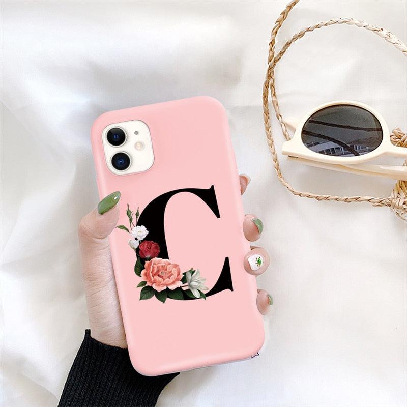 Initial Letter Silicon Phone Case For Iphone  12 Pro Max Retro Pink Flower Soft Back Cover Compatible With Iphone Case Soft Touch Cute Pink Silicone Back Cover For Iphone