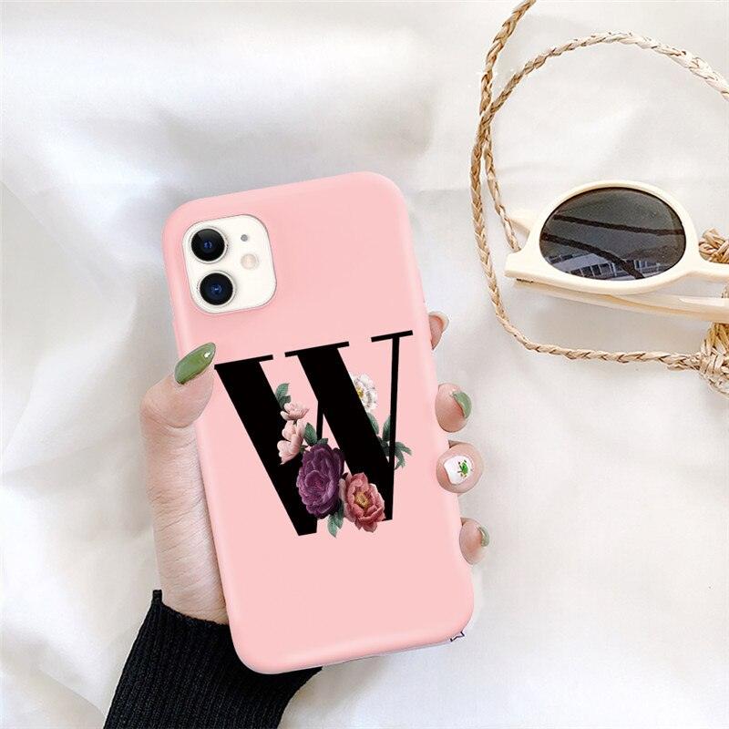 Initial Letter Silicon Phone Case For Iphone  12 Pro Max Retro Pink Flower Soft Back Cover Compatible With Iphone Case Soft Touch Cute Pink Silicone Back Cover For Iphone
