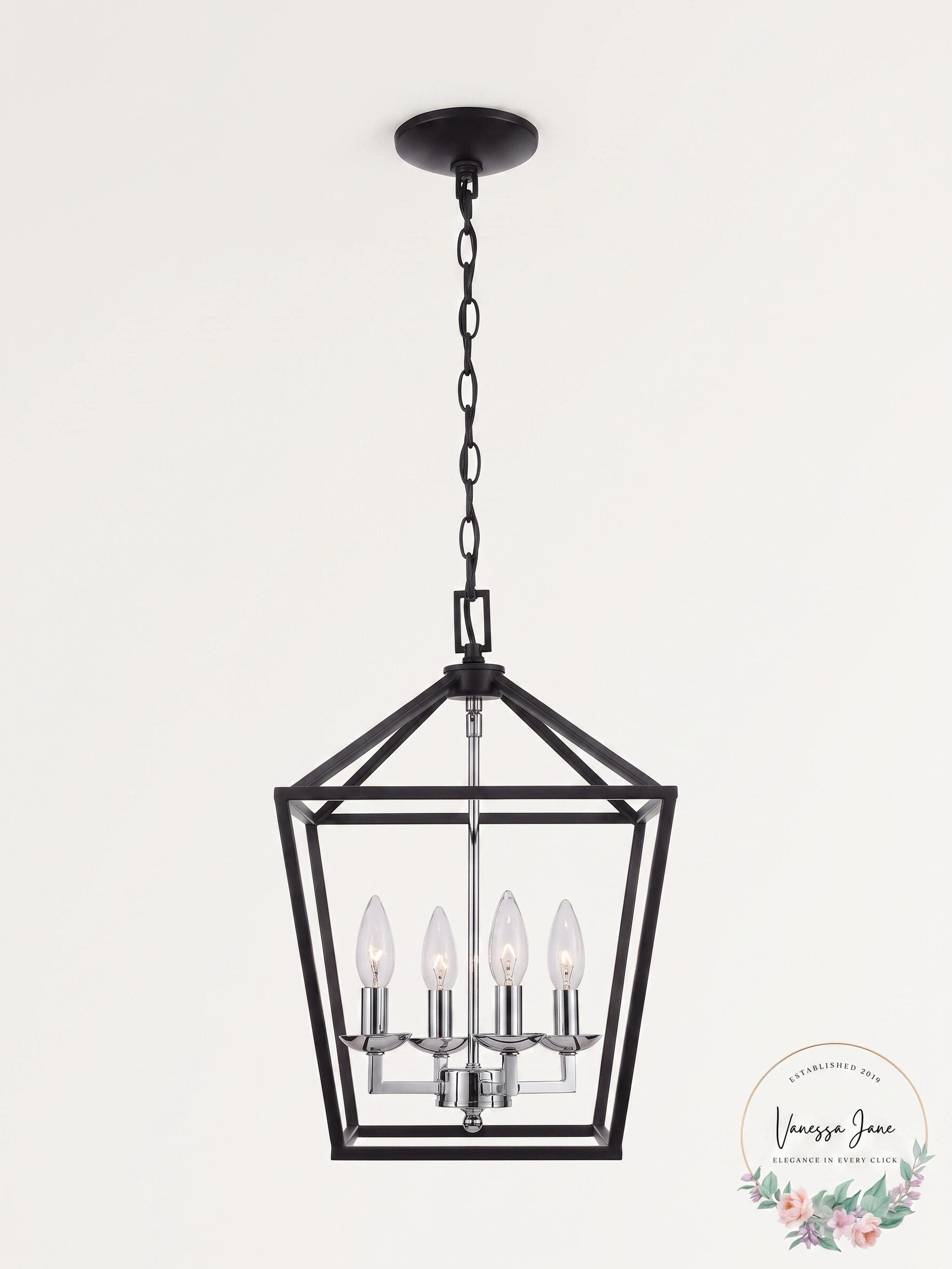 Home Decorators Collection Weyburn 4-Light Black and Polished Chrome Caged Chand