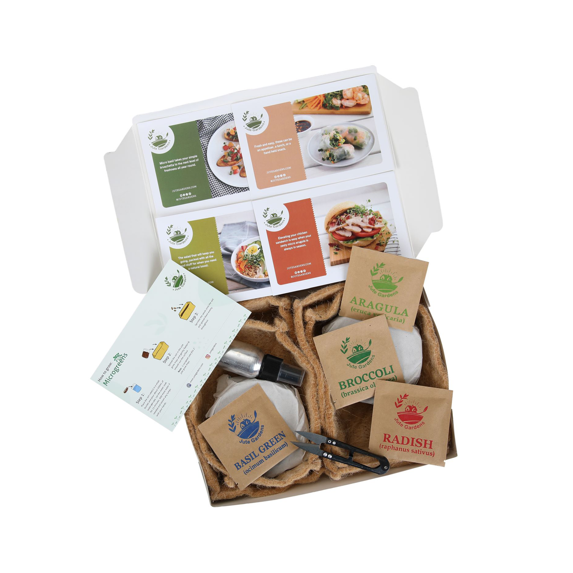 Jute Gardens Microgreen Growing Kit – 4 Seed Variety (Broccoli, Radish, Basil & Arugula), Eco-Friendly Indoor Gardening Set